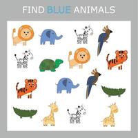 Educational activity for kids, find the blue animal among the colorful ones. Logic game for children. vector