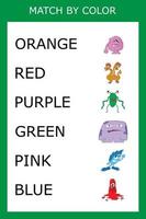 Connect the name of the color and the character of the monster. Logic game for children. vector