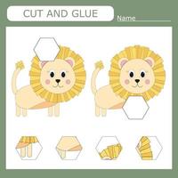 worksheet vector design, the task is to cut and glue a piece on lion.   Logic game for children.