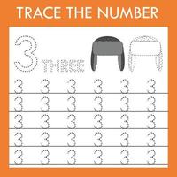 Number  three stroke worksheet with hat  for fine motor skills kids. Educational game for preschoolers. vector