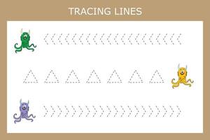 Developing an activity for children, the tracing  the lines of cute monsters. Logic game for children. vector