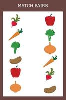 Appropriate children's educational game. Match vegetables. Activity for preschool children and toddlers. vector