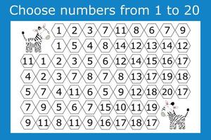 Counting maze for kids. A fun game, a mathematical puzzle with the selection of numbers from 1 to 20 in the correct order vector