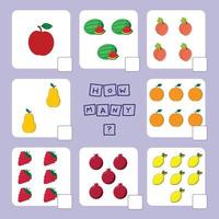 How many counting game with  fruites. Worksheet for preschool kids, kids activity sheet, printable worksheet