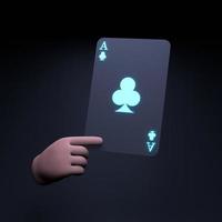 la mano sostiene una tarjeta de juego de neón. concepto de casino, póquer. Ilustración de procesamiento 3d. foto