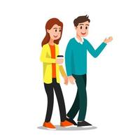 man and woman talking together while walking vector