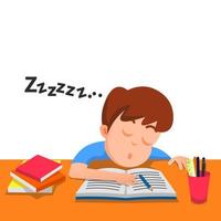 A boy asleep on his own study table vector