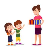 Happy mother brought gifts for her two children vector