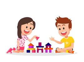 Cute kids playing building blocks together vector