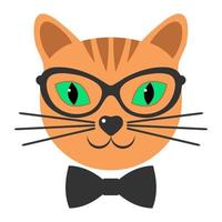 cabeza de un lindo gato jengibre con gafas y un lazo vector