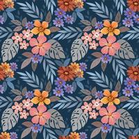Colorful flowers on dark blue background seamless pattern. vector