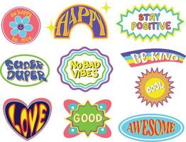 Set of Trendy Cool y2k Hipster Stickers. Cartoon Label Patches with Lettering. Vector Hipster Vaporwave Stickers in Geometric Shapes y2k Style