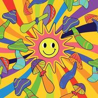 ilustración de vector psicodélico con hongos trippy y sol de dibujos animados sonriente. buenas vibraciones 1970. ilustración de ácido trippy con champiñones