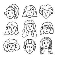 conjunto de garabatos vectoriales de diferentes caras de mujeres y niñas. iconos lineales de una mujer con diferentes peinados vector