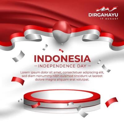 Indonesian Independence Day Social Media Flyer with Red and White Flag Ribbon and Podium