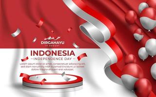 plantilla de banner de paisaje del día de la independencia de indonesia con globo realista y podio vector