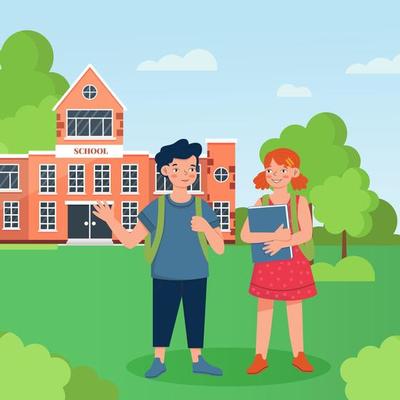 The concept of Back to School.Children in the school garden on the background of a school building . Vector illustration in a flat style