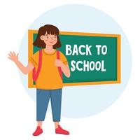 The concept of  back to school.Happy girl on the blackboard background. Vector illustration in a flat style