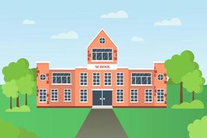 Back to school concept.School building with landscape. Vector illustration in flat style