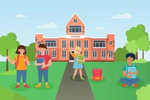 The concept of Back to School.Children in the school garden on the background of a school building . Vector illustration in a flat style