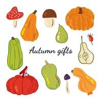 Cute autumn doodle set autumn gifts with pumpkins, mushrooms, pear and rosehip.vector illustration for greeting cards, posters and seasonal design. vector