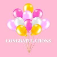 Balloon background for special events, realistic pink and yellow balloons and confetti on pink background. The festive concept of a greeting card or banner. The inscription congratuations vector