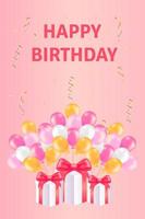 Balloon background for special events, realistic pink and yellow balloons and confetti on pink background. The festive concept of a greeting card or banner. Vector illustration.Happy birthday inscript