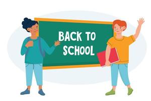 The concept of  back to school.Happy kids on the blackboard background. Vector illustration in a flat style