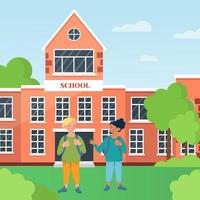 The concept of Back to School.Children in the school garden on the background of a school building . Vector illustration in a flat style