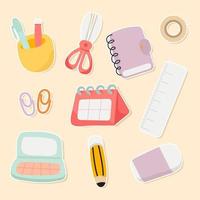 Vector illustration stickers with school supplies. Collection back to school. isolated background