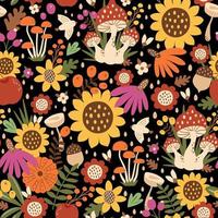 Sunflower pattern on dark background. Autumn floral seamless pattern, sunflowers, mushrooms, bird, pumpkin. Fall vector illustration. Hand drawn fall textile, print, wallpaper, package. Autumn design.