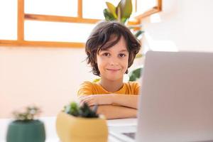 Child on online lesson, distance education photo