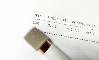 Sample tube of Plasma glucose Fasting test with abnormal report called hypoglycemia photo