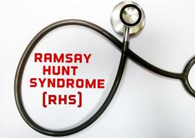 Health and medicine concept for Ramsay Hunt Syndrome medical term on black background with medical equipment's. photo