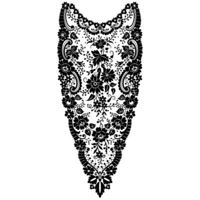 Neckline design. Black and white floral lace pattern embroidery textile leaves dots doodle ornament.