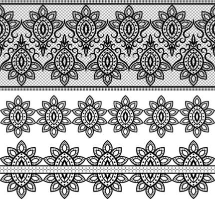 Collection of elegant vintage style fabric embroidered laces. Vector stock illustration. black on white background, isolated.