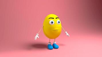 3d render vista lateral personaje de dibujos animados amarillo huevo de pascua conejo sobre fondo rojo foto