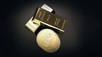 bitcoin con moneda digital de barra de oro. cryptocurrency btc el nuevo dinero virtual cerrar render 3d de bitcoins dorados sobre fondo negro foto