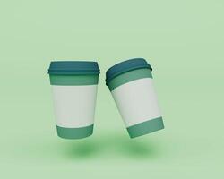 two Disposable Coffee Cup flying 3d render Abstract design element Minimalist concept photo