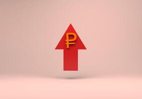 3d render of red up arrow with ruble currency icon on Pink background photo