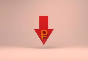3d render of red down arrow with ruble currency icon on Pink background photo