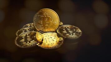 pila de moneda digital bitcoin. cryptocurrency btc el nuevo dinero virtual cerrar render 3d de bitcoins dorados sobre fondo negro foto