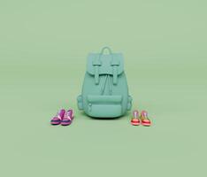 3d render of backpack and two pair of colorful shoes isolated on Pastel background, 3d background minimal scene photo