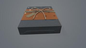 Representación 3d de navidad y año nuevo, caja de regalo con cinta sobre fondo azul foto