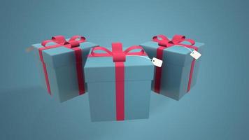 Representación 3d de navidad y año nuevo, caja de regalo azul con cinta roja sobre fondo azul foto