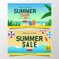 banner de venta de verano con hojas tropicales vector