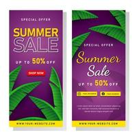 banner de venta de verano con hojas tropicales vector