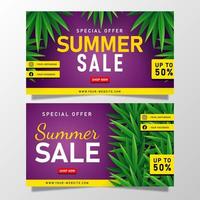 banner de venta de verano con hojas tropicales vector