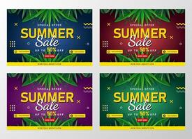 banner de venta de verano con hojas tropicales vector