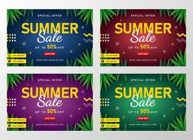 banner de venta de verano con hojas tropicales vector